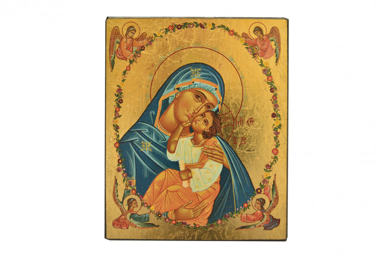 LA VIERGE A LA COURONNE FLEURIE - ICONE DOREE A LA FEUILLE 12,2X9,6 CM -  1186.63 -   - CLEMENCES