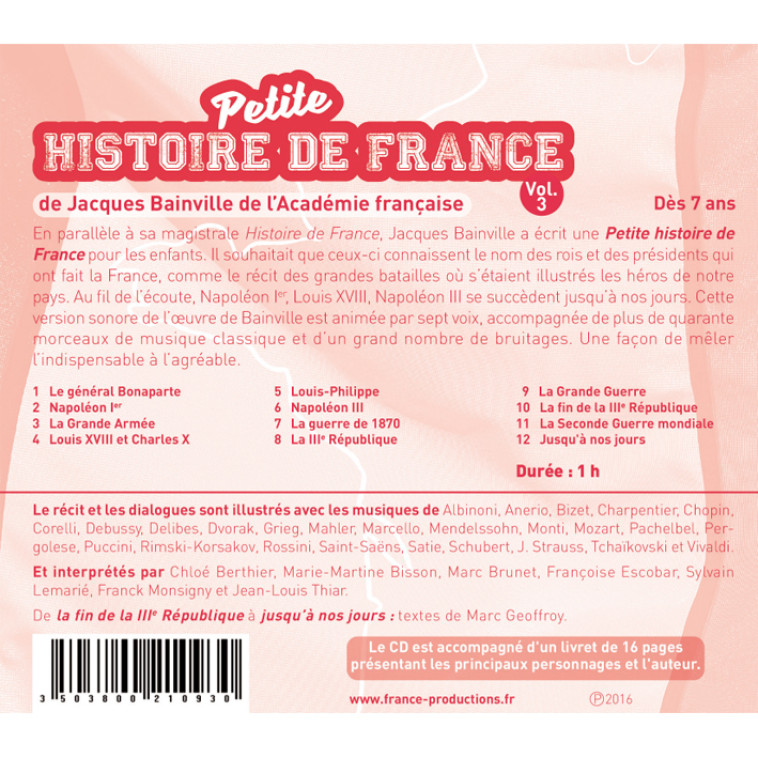 CD petite histoire de France vol .3. de Napoléon Ier à nos jours - Jacques Bainville - FRANCE PRODUC