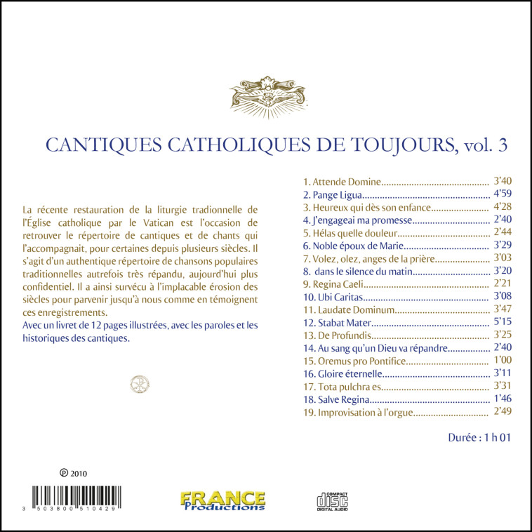 CD cantiques catholiques de toujours vol 3 -  Compilation - FRANCE PRODUC