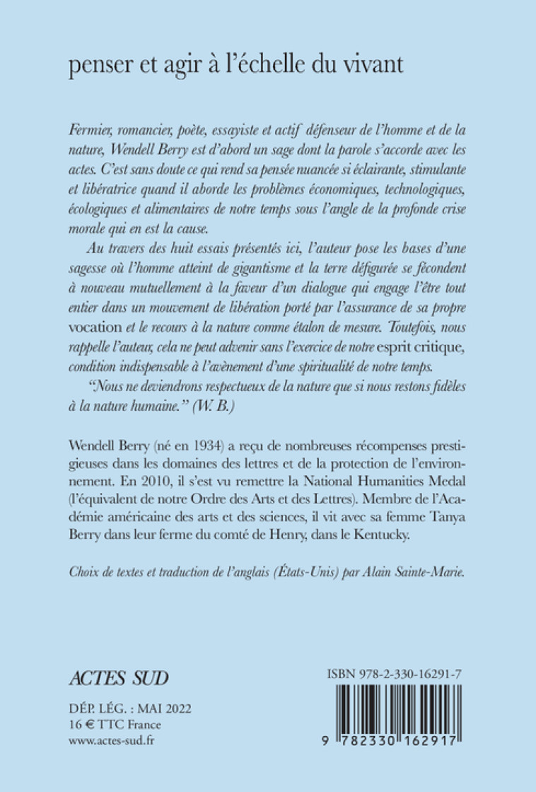 Penser et agir à l'échelle du vivant - Wendell Berry - ACTES SUD