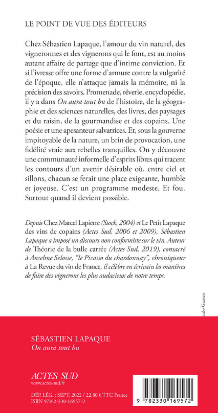 On aura tout bu - Sébastien Lapaque - ACTES SUD