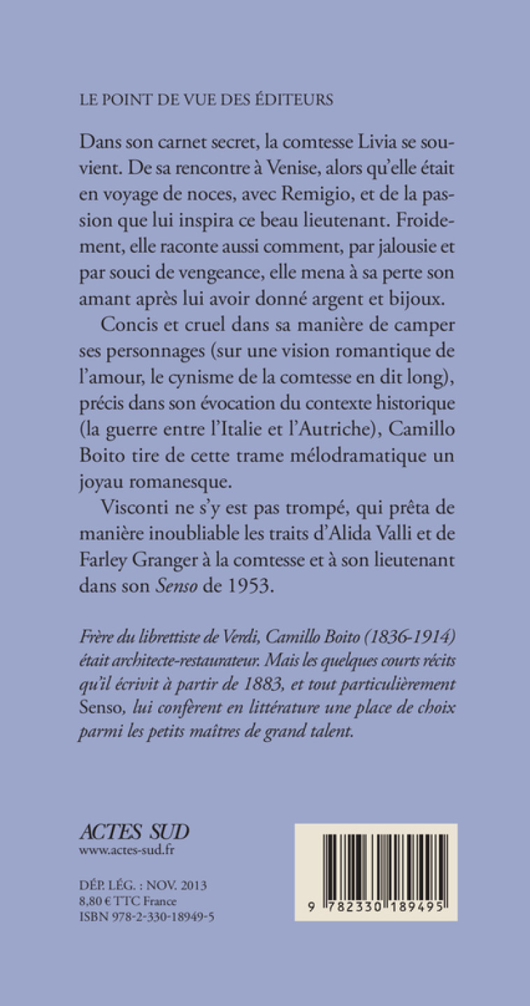 Senso (Carnet secret de la comtesse Livia) - Camillo Boito - ACTES SUD