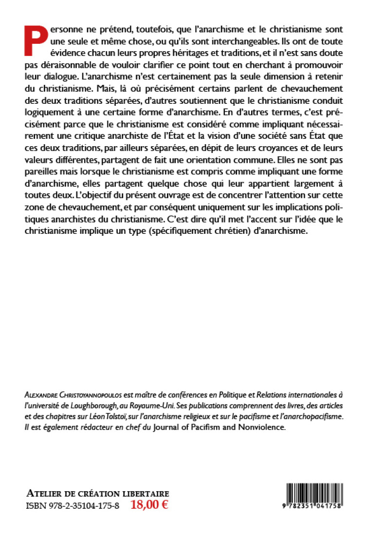 L’anarchisme chrétien - Alexandre Christoyannopoulos - ACL