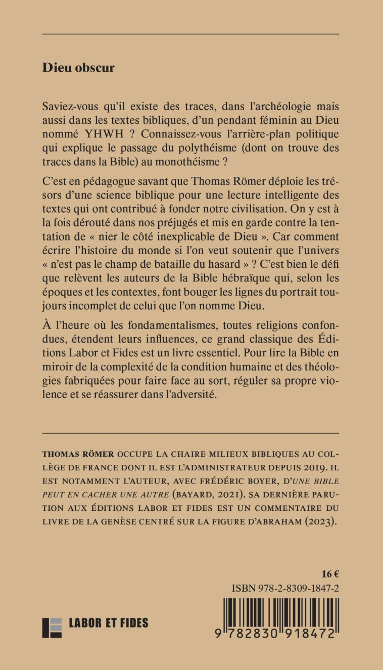 Dieu obscur - Thomas Römer - LABOR ET FIDES