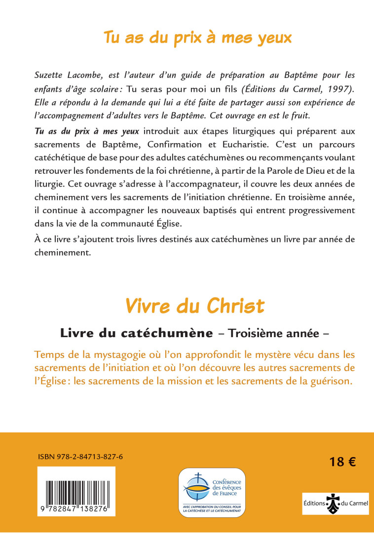 Vivre du Christ - Livre catéchumène 3e  année (livre jaune) - Suzette Lacombe - CARMEL