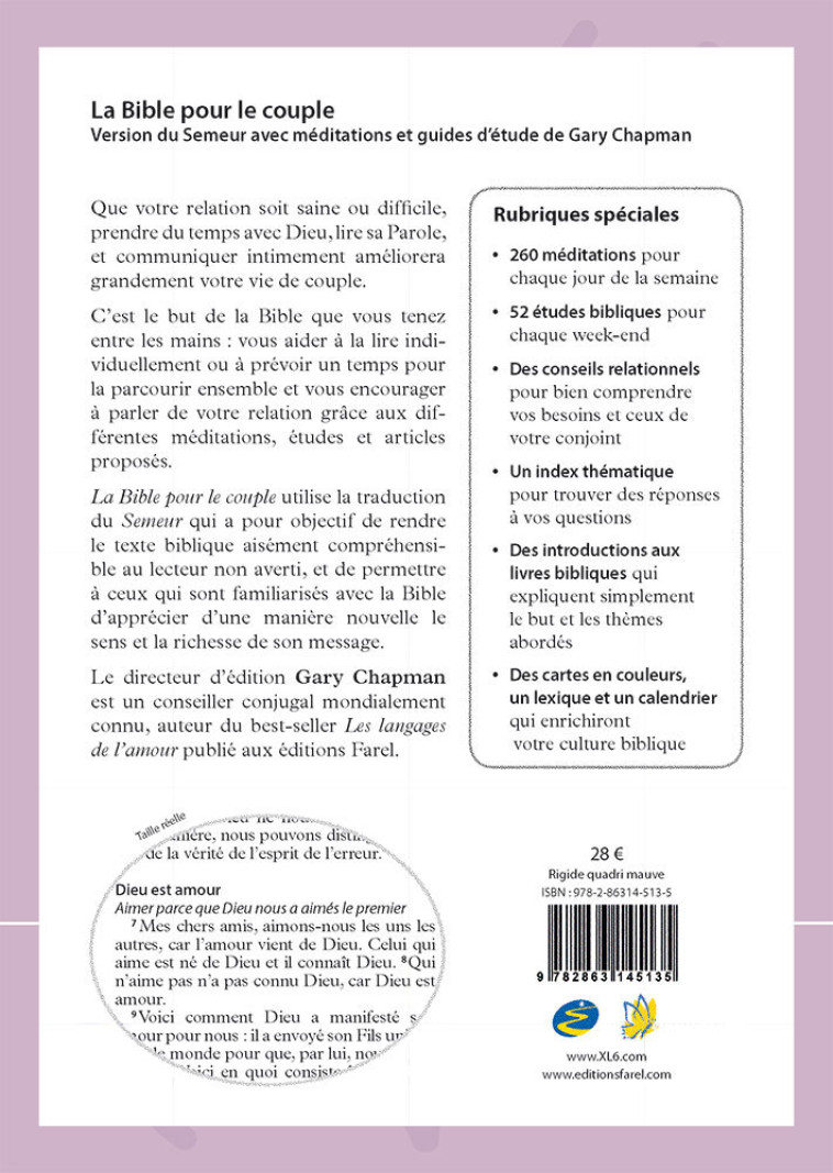 La Bible pour le couple - Rigide mauve - Gary Chapman - FAREL