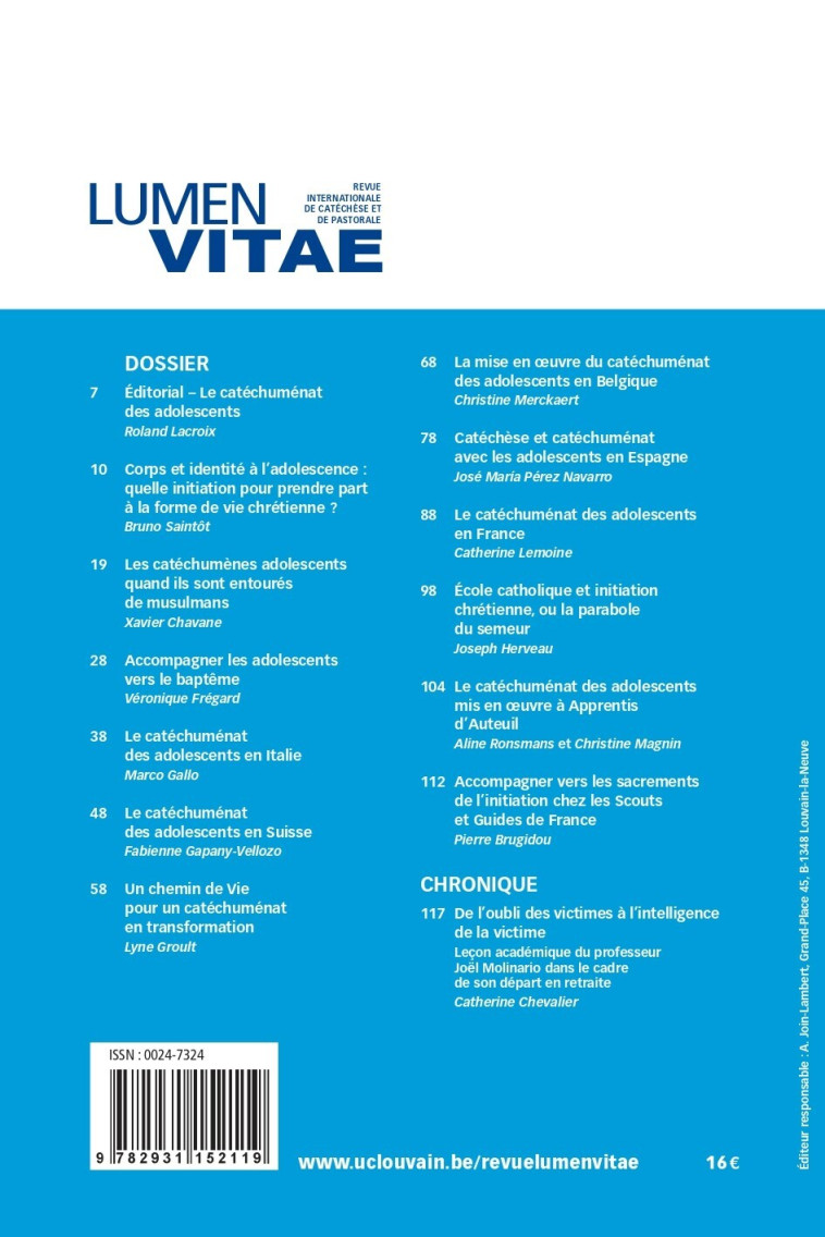 Le catéchuménat des adolescents 1/2024 Revue Lumen Vitae - Roland Lacroix - RIRTP